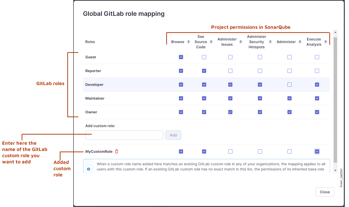 To add a GitLab custom role to the mapping table, enter the name and select Add