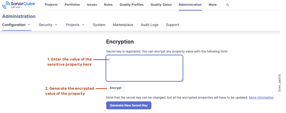 In Encryption, enter the value of the sensitive property and then select the Encrypt button