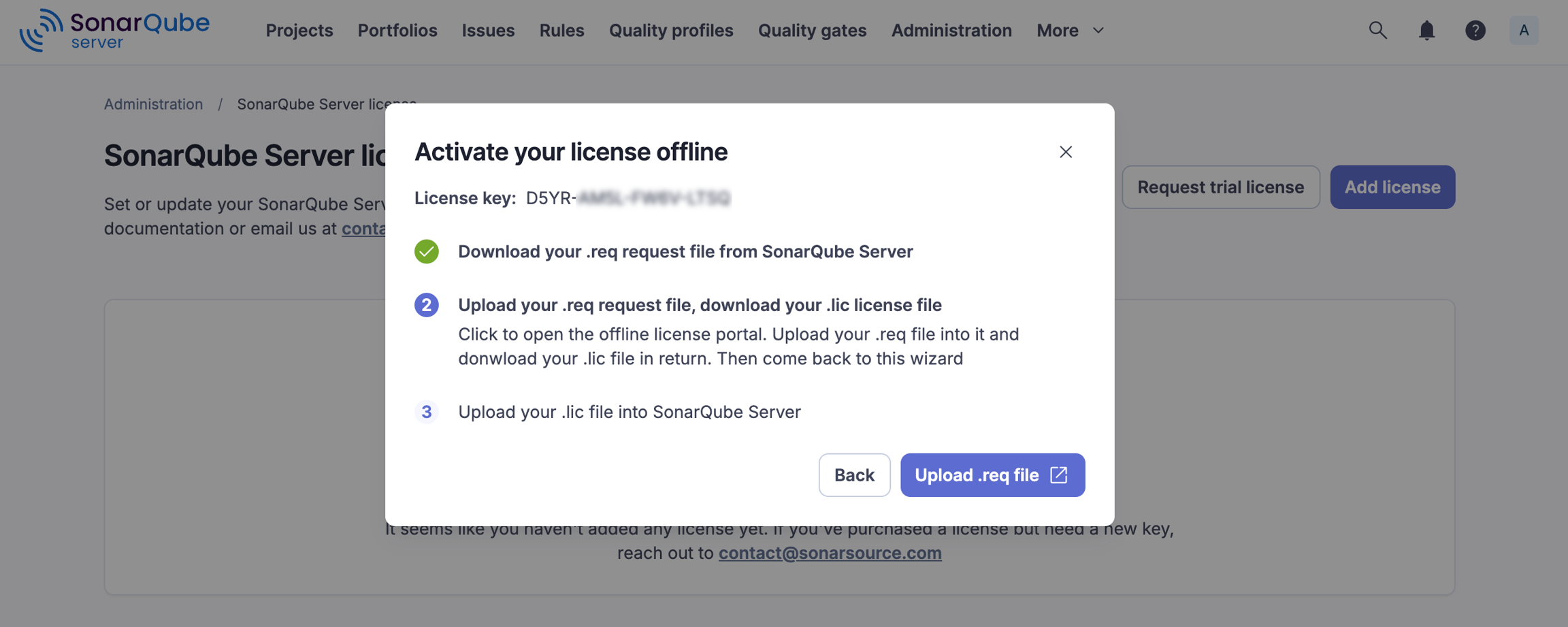 Uploading .req file during offline license activation