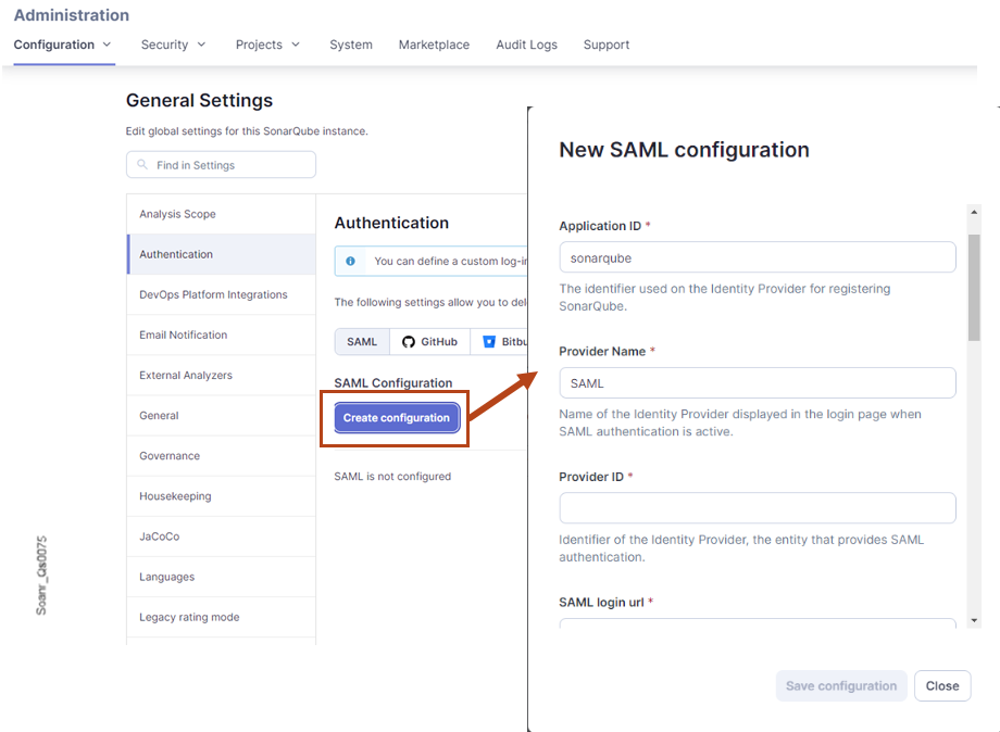 In SonarQube create a new configuration for PingOne
