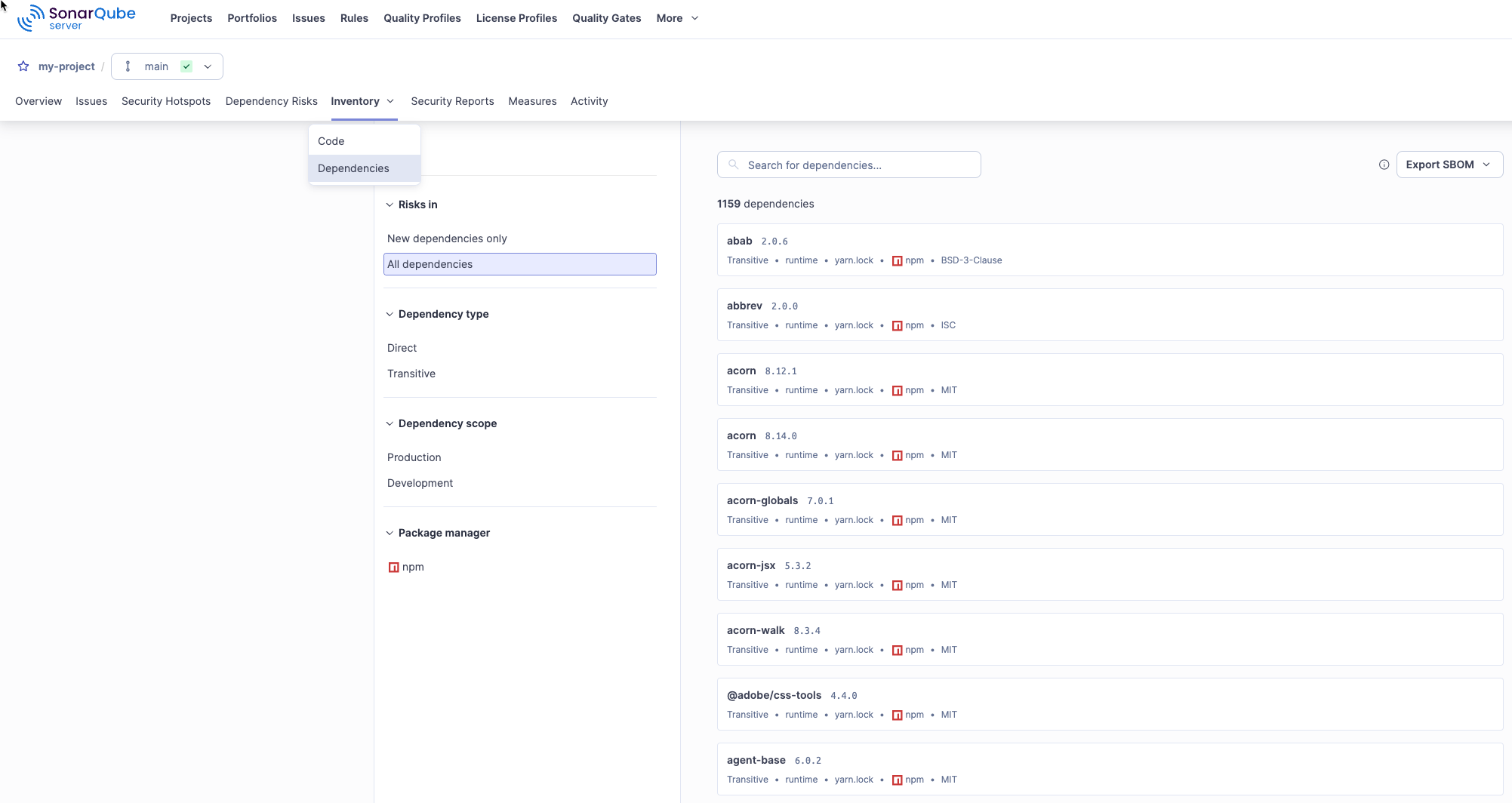 View of the Dependencies tab in SonarQube.