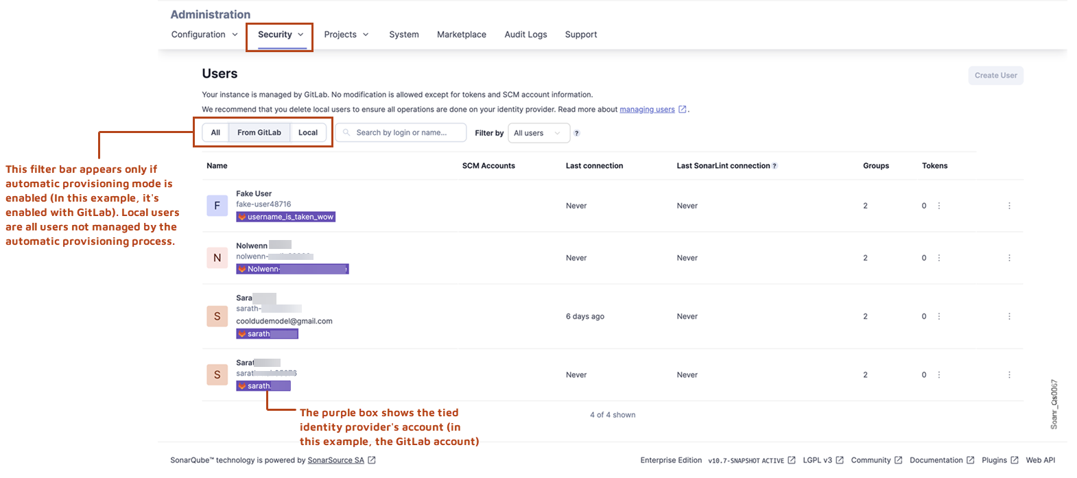 Use the filter bar to filter the list of users.