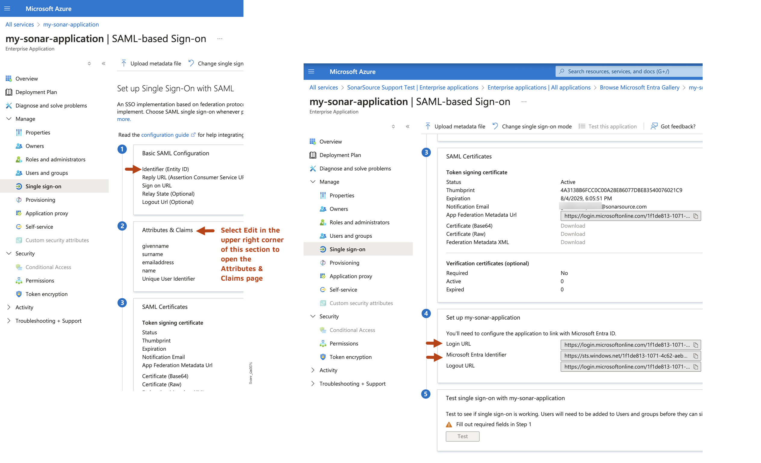 Locate in MS Entra ID the field values to be copy-pasted to SonarQube