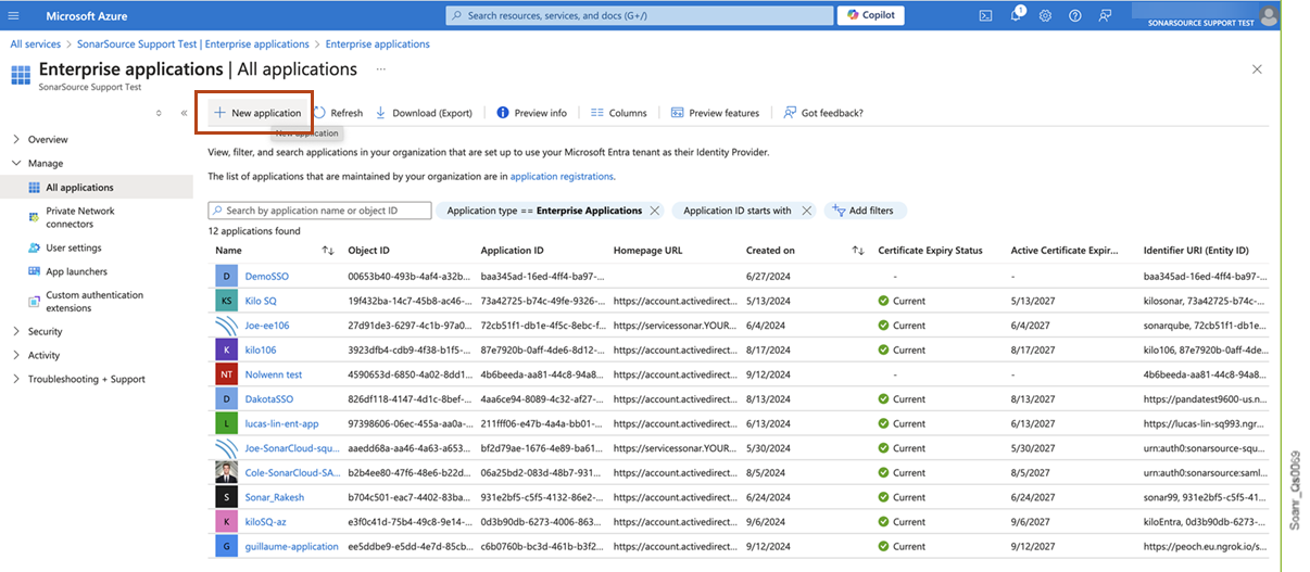 Select New application to create your own application